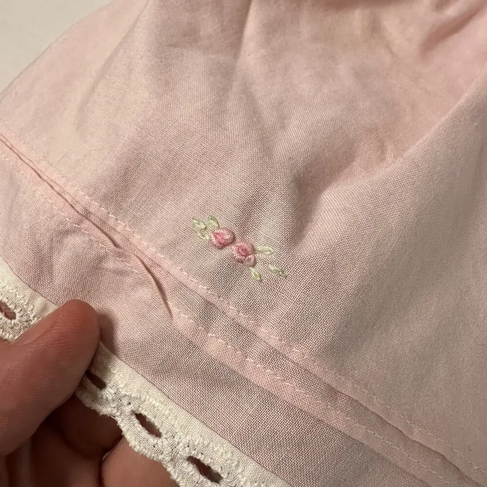 Vintage Pink Floral Embroidered Eyelit Trim Sleeveless Babydoll Dress Sz 0-3 mo